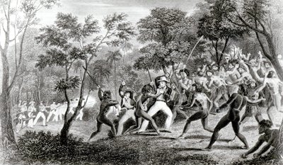 Attaque des indigènes des îles Gambier, gravé par Edward Finden, 1831 - Richard B. Beechey